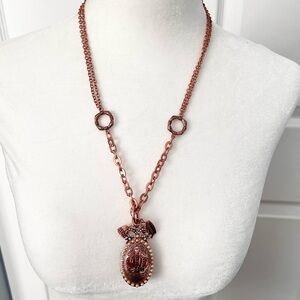 Rose gold tone long locket chain crown charm rhinestone faux pearl necklace